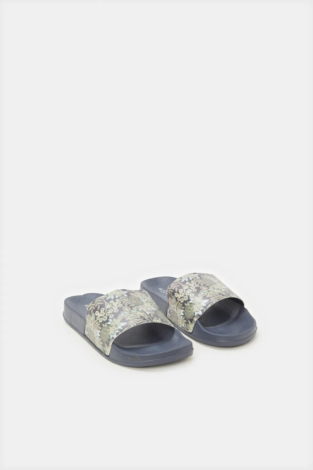 Women Navy Floral Printed Slide