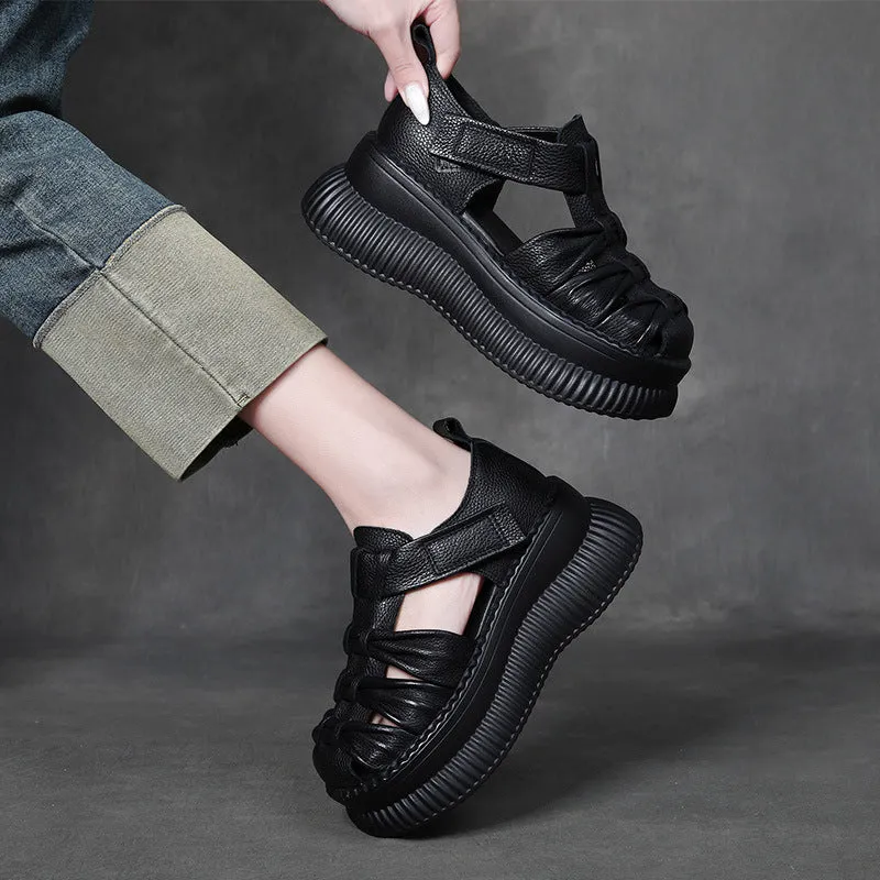 Women Retro Plaited Leather Platform Summer Sandals