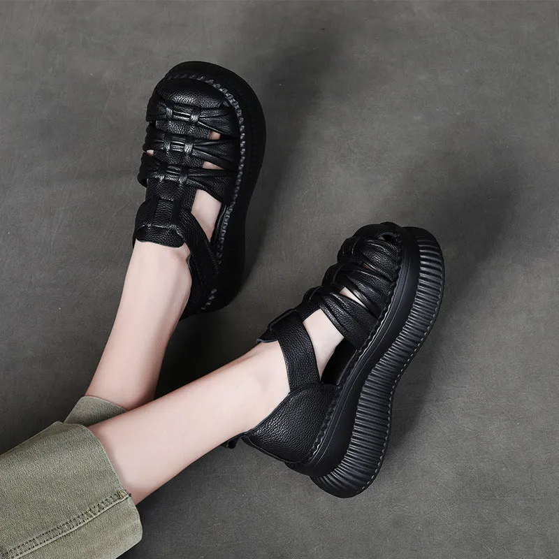 Women Retro Plaited Leather Platform Summer Sandals