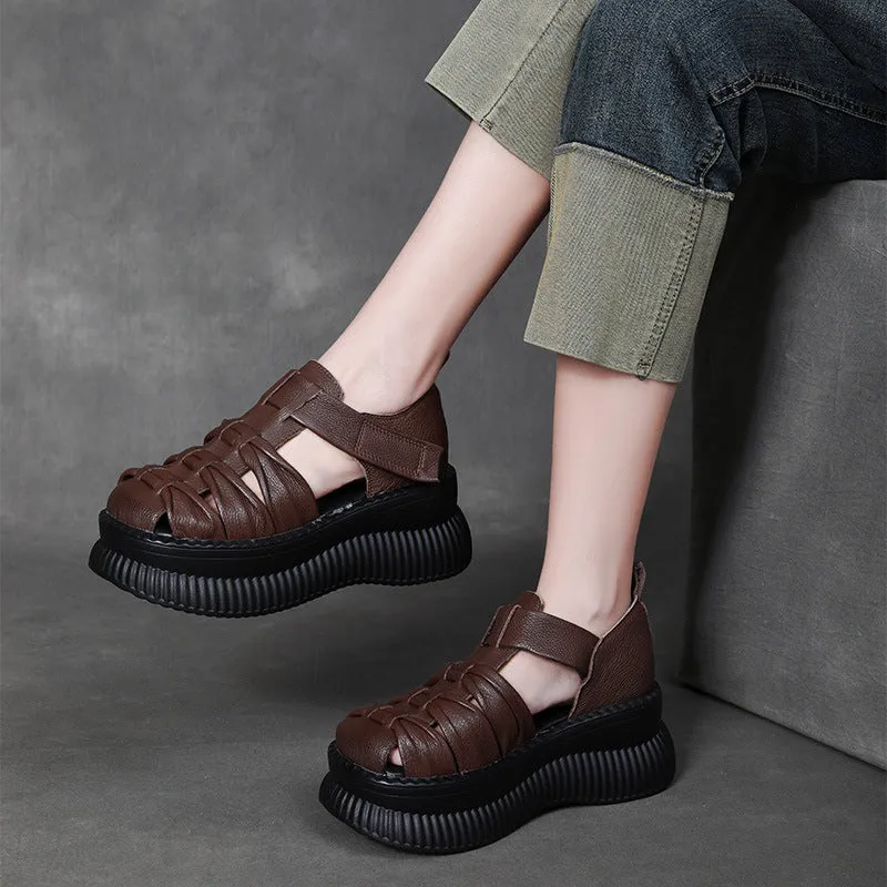 Women Retro Plaited Leather Platform Summer Sandals