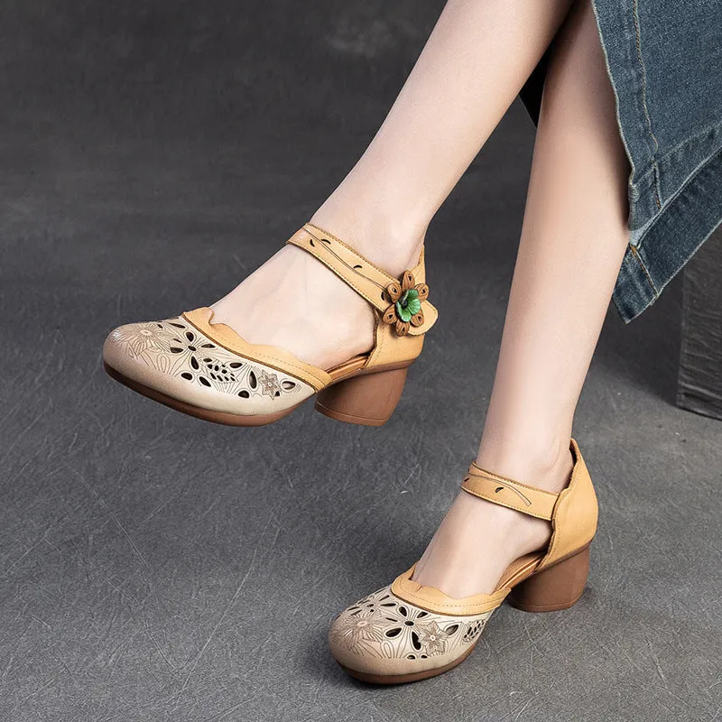 Women Retro Summer Hollow Leather Casual Sandals