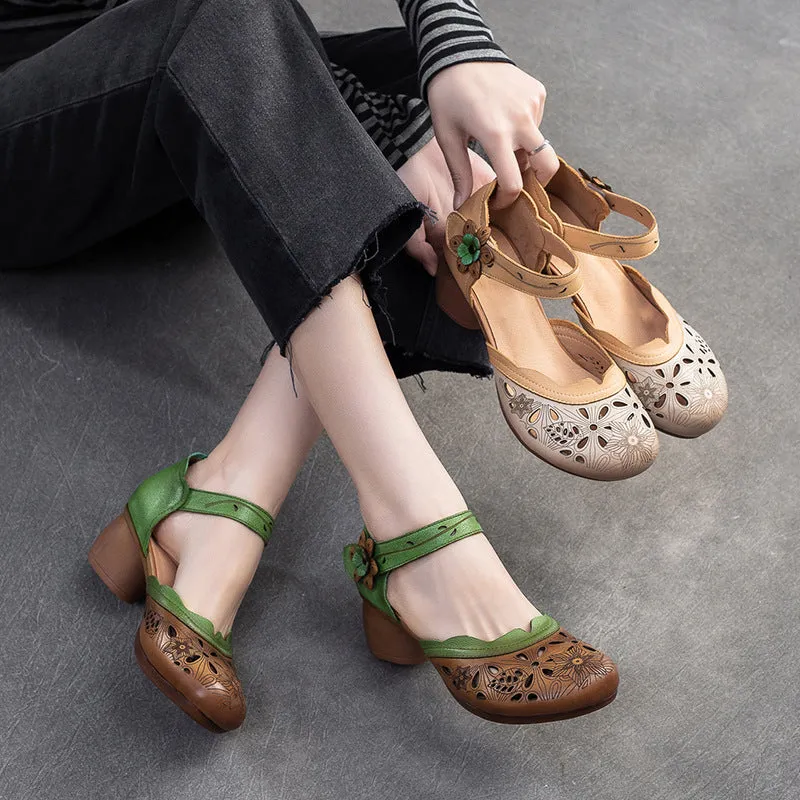 Women Retro Summer Hollow Leather Casual Sandals