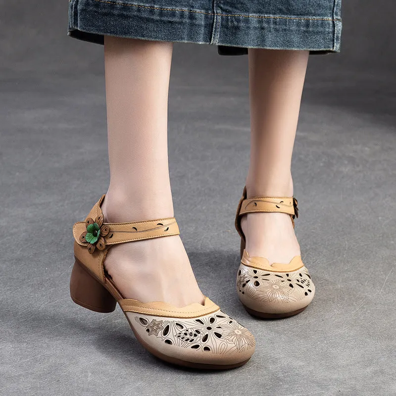 Women Retro Summer Hollow Leather Casual Sandals