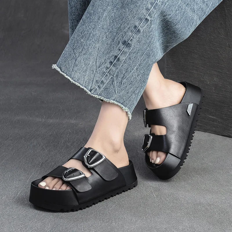 Women Soft Leather Thick Soled Casual Slides Sandals