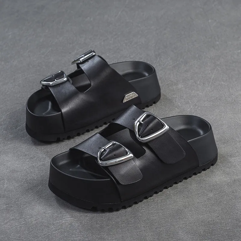 Women Soft Leather Thick Soled Casual Slides Sandals