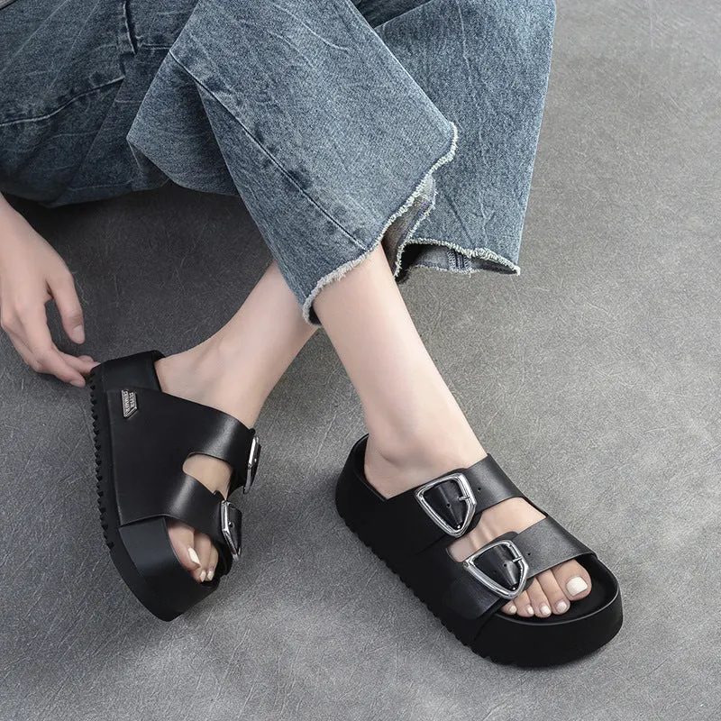 Women Soft Leather Thick Soled Casual Slides Sandals