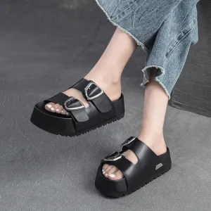 Women Soft Leather Thick Soled Casual Slides Sandals