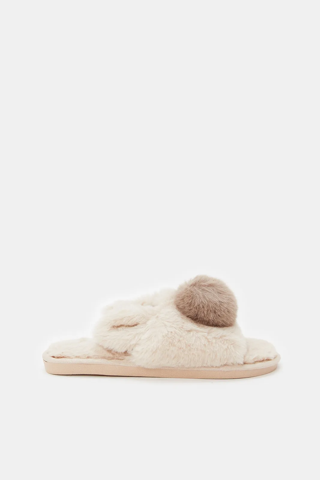 Women Taupe Pom Pom Ears Slipper