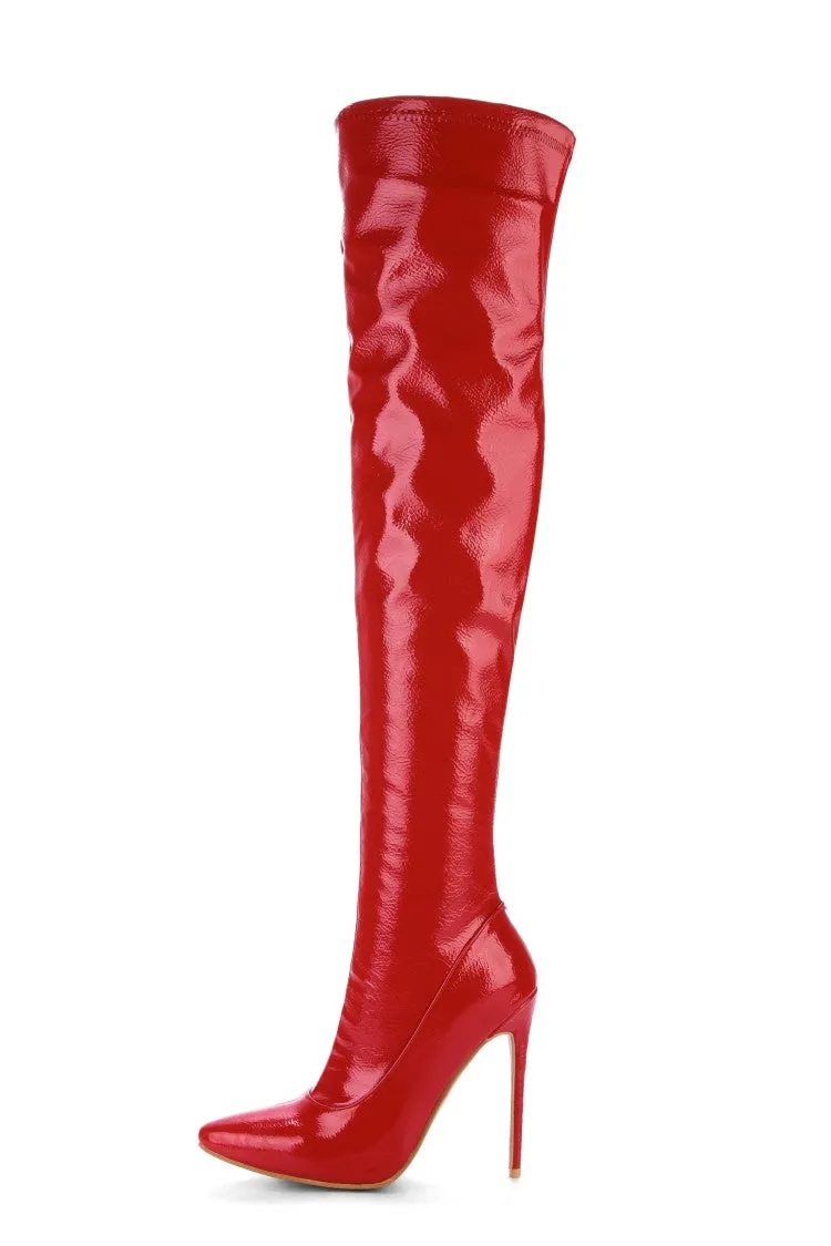 Women's Patent Leather Pointed Toe Stitching Side Zippers Stiletto Heel Over the Knee Boots