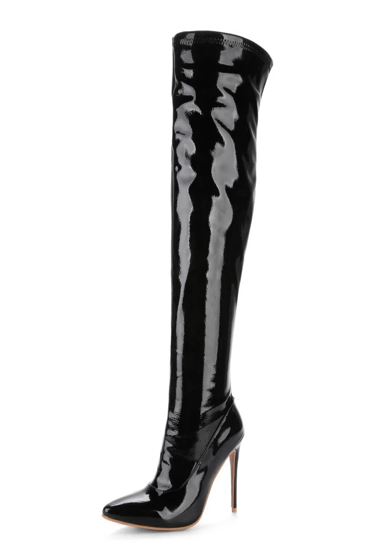 Women's Patent Leather Pointed Toe Stitching Side Zippers Stiletto Heel Over the Knee Boots