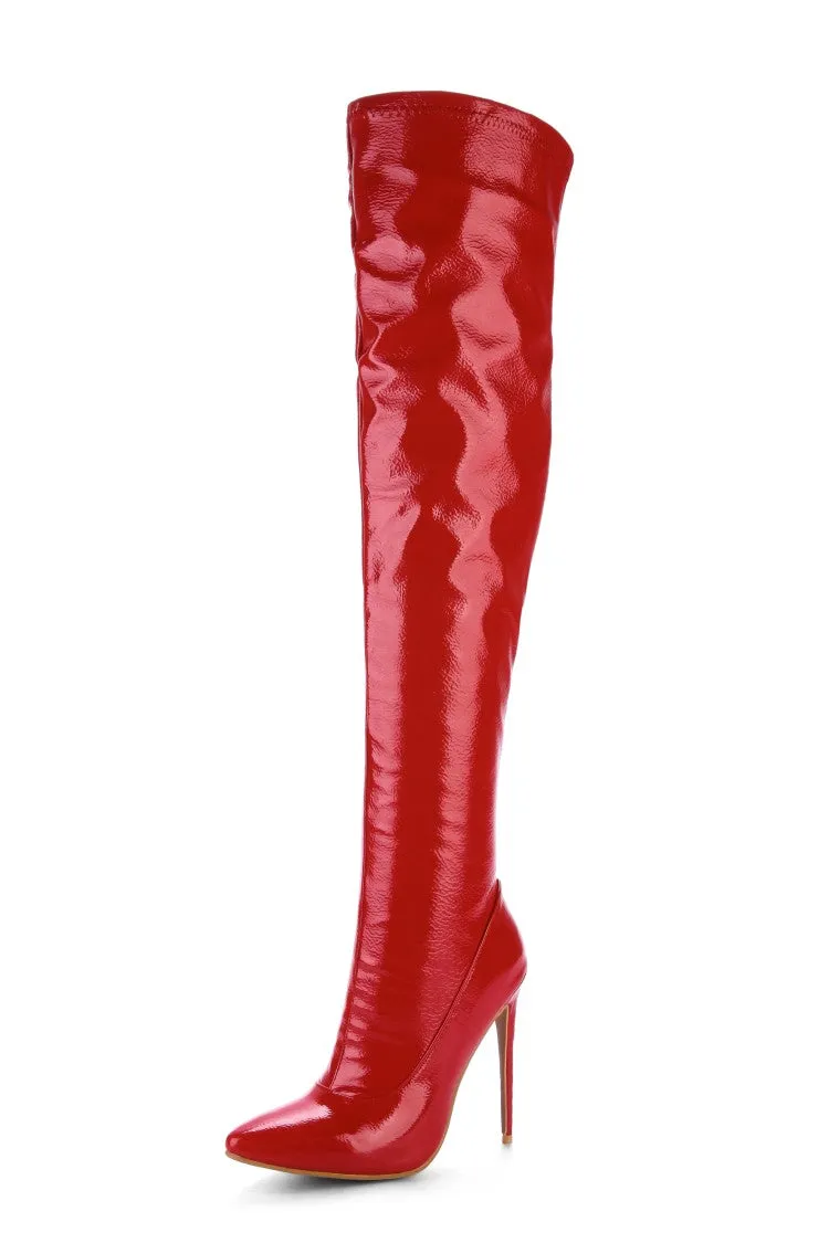 Women's Patent Leather Pointed Toe Stitching Side Zippers Stiletto Heel Over the Knee Boots