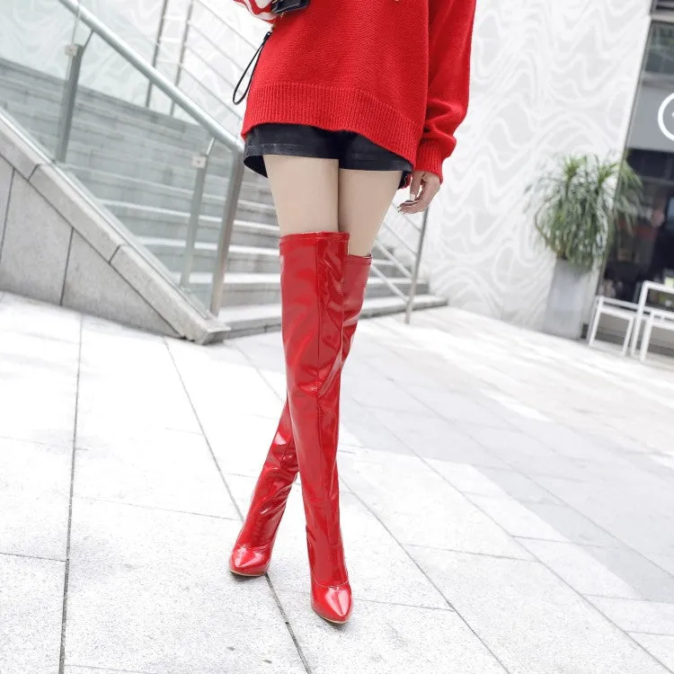 Women's Patent Leather Pointed Toe Stitching Side Zippers Stiletto Heel Over the Knee Boots