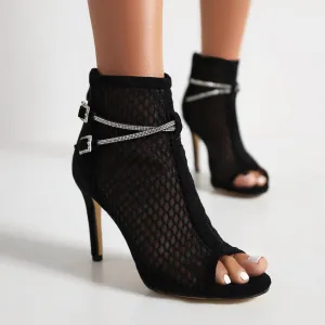 Women's Peep Toe Mesh Rhinestone Chains Stiletto Heel Ankle Boots