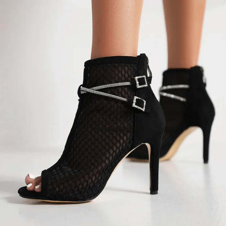 Women's Peep Toe Mesh Rhinestone Chains Stiletto Heel Ankle Boots