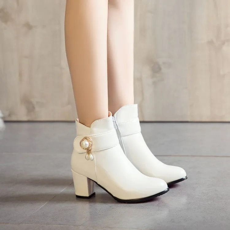 Women's Pu Leather Round Toe Side Zippers Pearls Block Chunky Heel Short Boots